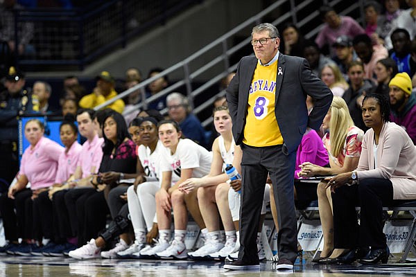 Connecticut coach Geno Auriemma watches during Monday night's game against Oregon in Storrs, Conn.