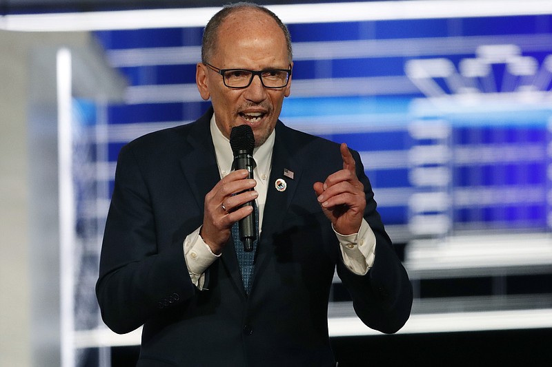 FILE - In this Nov. 20, 2019 file photo, Chair of the Democratic National Committee, Tom Perez, speaks before a Democratic presidential primary debate in Atlanta. Perez is calling for a “recanvass” of the results of Monday's Iowa caucus. (AP Photo/John Bazemore)
