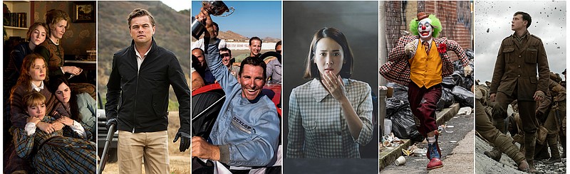 This combination photo shows scenes from six Oscar nominated films, from left, "Little Women," "Once Upon a Time... in Hollywood," "Ford v. Ferrari," "Parasite," "Joker," and "1917." The Oscars will be held on Sunday, Feb. 9. (Sony/Sony/20th Century Fox/Neon/Warner Bros/Universal Pictures via AP)