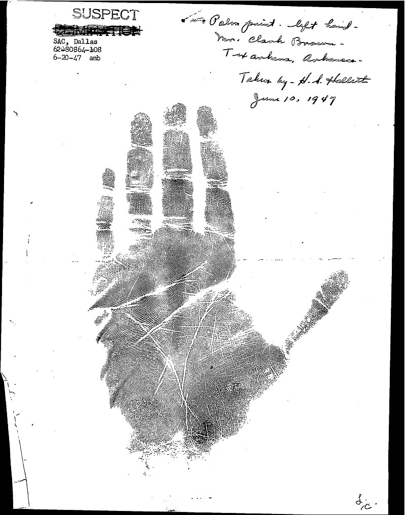 This image shows the handprint of a suspect in the 1946 Texarkana Phantom Killer serial murder case. On Thursday, the FBI published an archive of more than 1,100 pages related to the investigation of the case. (FBI document)