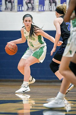 Mallorie Fick of Blair Oaks brings the ball up the court in Saturday's game against Cape Girardeau: Notre Dame in the Central Bank Shootout at Rackers Fieldhouse.