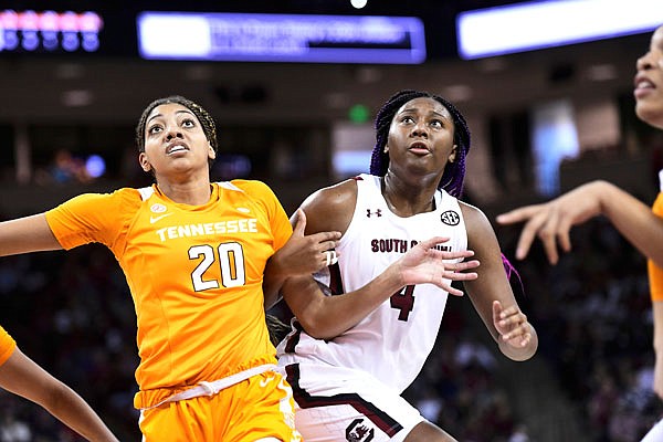 Tennessee center Tamari Key (left) and South Carolina forward Aliyah Boston (right) battle for rebound position during the first half of a game earlier this month in Columbia, S.C.