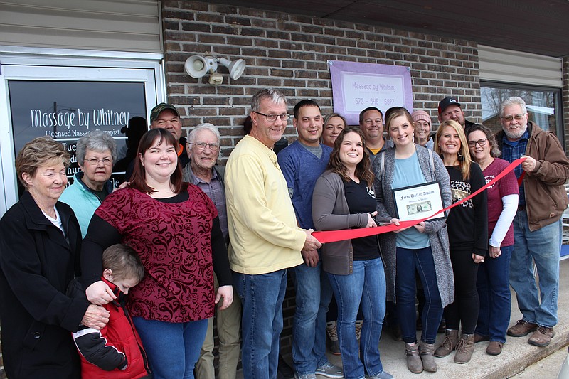 <p>Democrat photo/
Austin Hornbostel</p><p>Whitney Crawford, owner of Massage by Whitney, was joined by family, friends, employees and members of the California Area Chamber of Commerce last Thursday for a ribbon cutting. Massage by Whitney recently joined the Chamber of Commerce as a member. Crawford was also presented a First Dollar Award by Chamber president Brandy Brockes.</p>