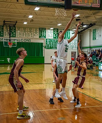Jackson Widhalm of Blair Oaks goes up for a shot during Tuesday night's game against Eldon in Wardsville.