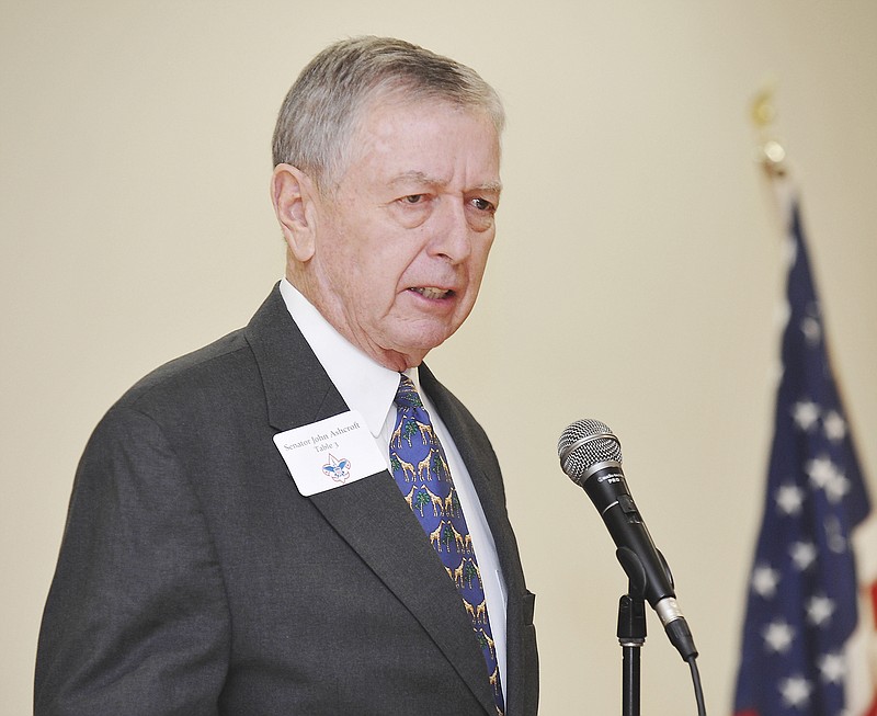 Former governor and United States Attorney General John Ashcroft addresses attendees at a Boy Scouts breakfast in 2016.