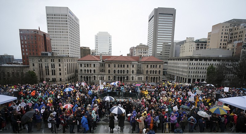 A crowd gathers for the Virginia March for Life rally outside the Virginia State Capitol in Richmond, Va., Thursday, Feb. 13, 2020. (Bob Brown/Richmond Times-Dispatch via AP)