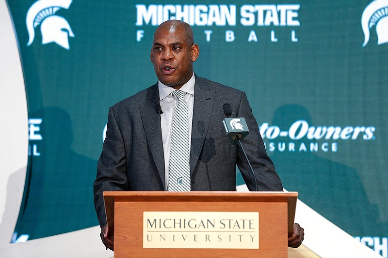 Mel Tucker, Michigan State's new football coach, speaks duirng a news conference Wednesday, Feb. 12, 2020, in East Lansing, Mich. (AP Photo/Al Goldis)