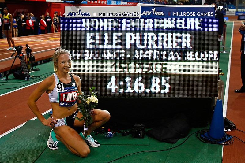 Elle Purrier after winning the NYRR Wanamaker Mile set a new American Record at the Millrose Games track and field meet Saturday, Feb. 8, 2020, in New York. (AP Photo/Adam Hunger)