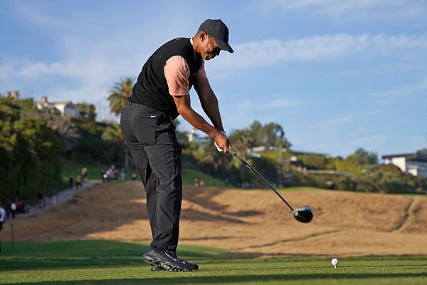 Tiger Woods tees off on the 18th hole during Thursday's first round of the Genesis Invitational at Riviera Country Club, Thursday in the Pacific Palisades area of Los Angeles.