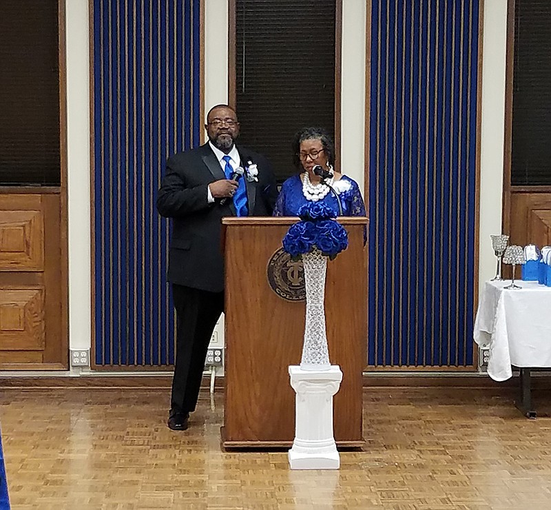 Rodney Hatfield, master of ceremonies, and Anita Pickett, mistress of ceremonies, welcome the crowd to the Tribute to African American Women Awards Gala: A Centennial Celebration held Saturday evening at the Truman Arnold Center at Texarkana College. (Photo by Kate Stow)
