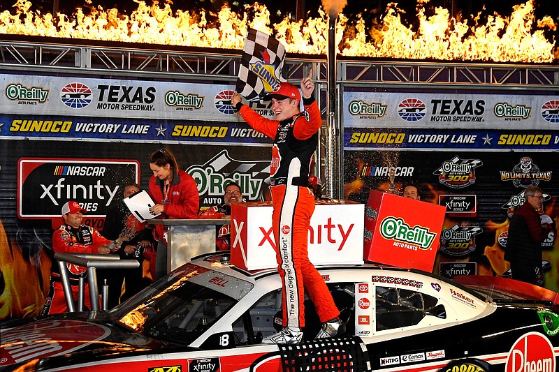 In this Nov. 2, 2019, file photo, Christopher Bell celebrates in after winning the NASCAR Xfinity Series race at Texas Motor Speedway in Fort Worth, Texas. Bell will drive the No. 95 car during his rookie season in the Cup Series.
