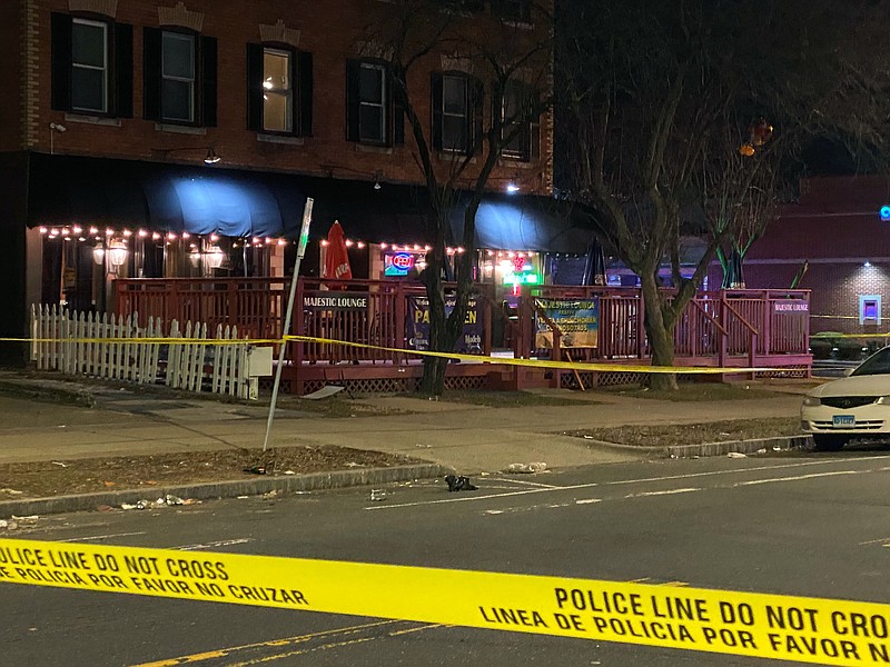 In this photo provide by Channel 3 Eyewitness News (WFSB-TV), a view of the scene of a shooting at the Majestic Lounge, in Hartford, Connecticut, Sunday, Feb. 16, 2020. Multiple people were shot at a Connecticut nightclub, leaving one person dead, police said early Sunday. Preliminary information indicated four others were wounded, Hartford police Lt. Paul Cicero told The Associated Press. (Ayah Galal, Channel 3 Eyewitness News (WFSB-TV) via AP)