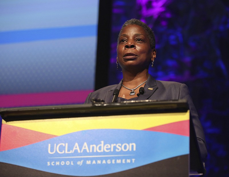 FILE- In this Oct. 6, 2015 file photo, Ursula Burns speaks at the Eighth Annual John Wooden Global Leadership Award Dinner in Beverly Hills, Calif. Burns, a trailblazer among African American women in the business world, wants to help make sure that the stories of other pioneering women like her are not forgotten. The HistoryMakers, an oral archive that's recorded the stories of more than 3,300 African Americans over the last 20 years, has launched The WomanMakers initiative with a $1 million gift from Burns, the former head of Xerox. (Photo by Matt Sayles/Invision for UCLA Anderson/AP Images, File)