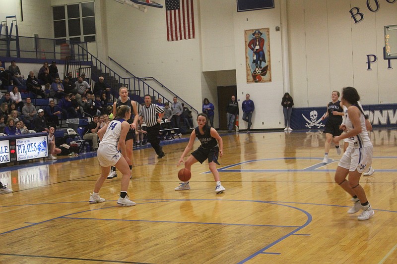 <p>Democrat photo/Kevin Labotka</p><p>The California Pintos girls basketball team had its 12-game winning streak broken Feb. 13 after a 55-35 loss to Boonville.</p>