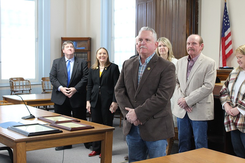 Moniteau County Presiding Commissioner Mac Finley addresses those present Friday, Feb. 14, 2020, to hear proclamations from elected officials representing the county congratulating the county on its 175th anniversary. The county was founded on Feb. 14, 1845.