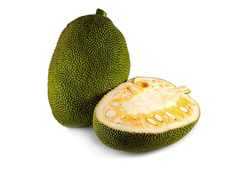 This image released by Melissa's Produce shows a Jackfruit, a large tropical fruit often used as a meat substitute. It's available as a whole fruit or sometimes sliced into more manageable, usable pieces. Unripe, it's green and unyielding; as it ripens, it softens, turns yellow, gets some brown spots and smells fruity.  (Melissa's Produce via AP)