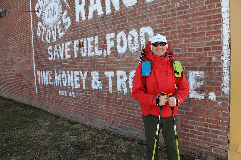 <p>Democrat photo/Austin Hornbostel</p><p>Steve Meyers made an early stop last week on a more than 6,000 mile journey as he passed through California. Meyers is walking across the country raising money and awareness for those affected by post traumatic stress disorder.</p>