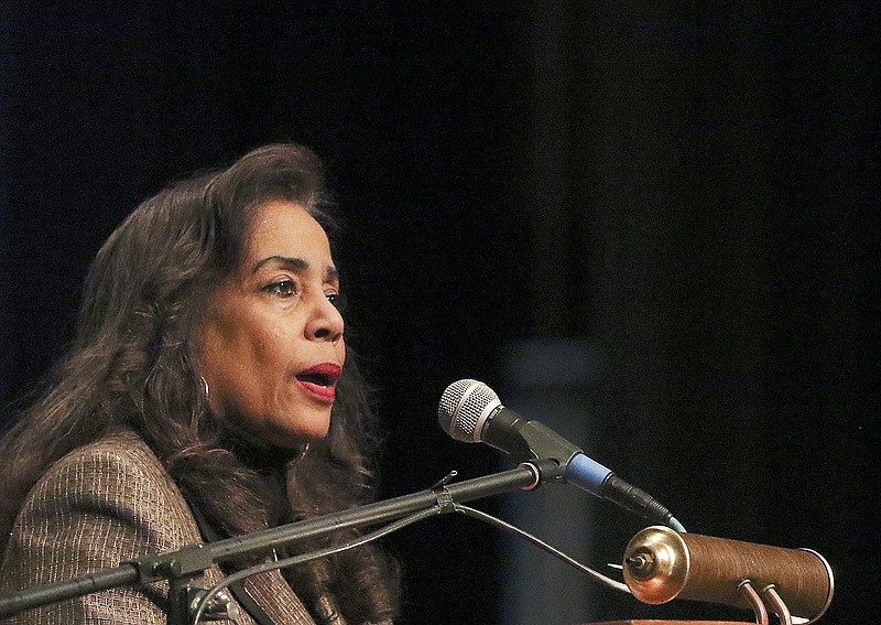 Lynne M. Jackson, the great-great-granddaughter of Dred Scott, of the Dred Scott v. Sandford Supreme Court case, speaks to a crowd Tuesday at the Richardson Fine Arts Center on Lincoln University's campus. Jackson is the president and founder of the Dred Scott Heritage Foundation.