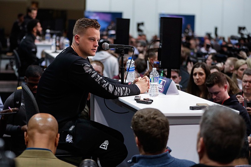 LSU quarterback Joe Burrow speaks during a press conference at the NFL football scouting combine in Indianapolis, Tuesday, Feb. 25, 2020. (AP Photo/Michael Conroy)
