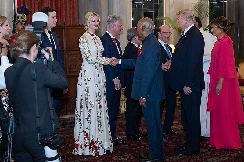 White House Senior Adviser Jared Kushner and his wife Ivanka Trump, the daughter and assistant to President Donald Trump, are greeted by Indian President Ram Nath Kovind during a state banquet with first lady Melania Trump at right, at Rashtrapati Bhavan, Tuesday, Feb. 25, 2020, in New Delhi, India. (AP Photo/Alex Brandon, Pool)