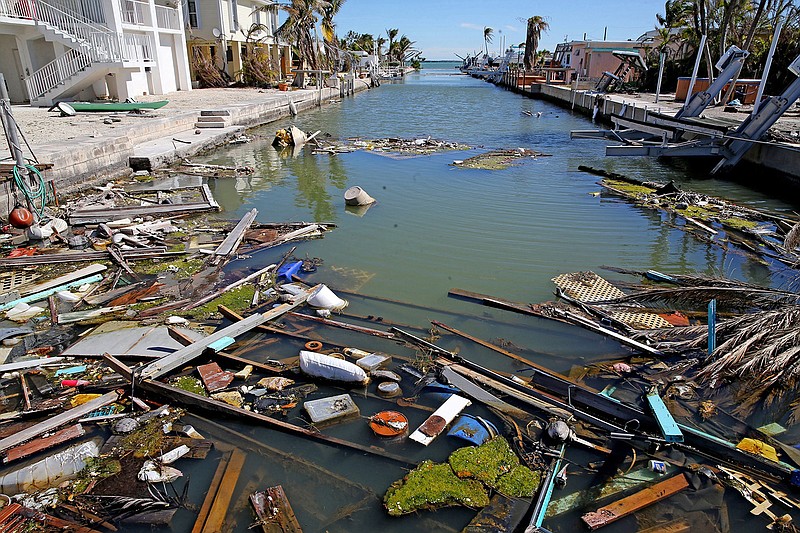 Debris in a canal on Big Pine Key in the Florida Keys, Jan. 18, 2018. The Army Corps of Engineers recently outlined a $3 billion strategy to defend the Keys from future hurricanes and sea level rise. (Charles Trainor Jr./Miami Herald/TNS) 