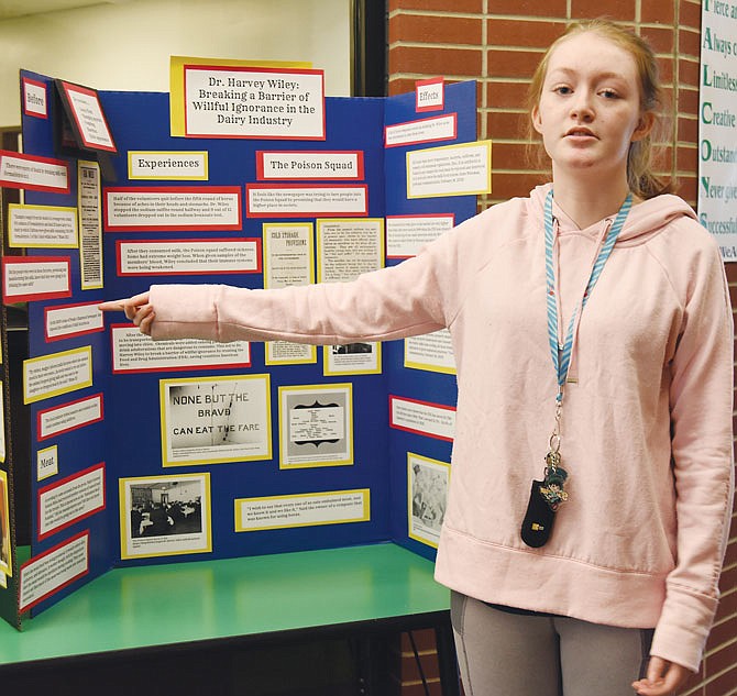 Blair Oaks seventh grader Madeline Rockwood talks about the research she did on the "Breaking Barriers" project. She was one of two winners in the National History Day Competition at Columbia College, where she took second place with her exhibit.