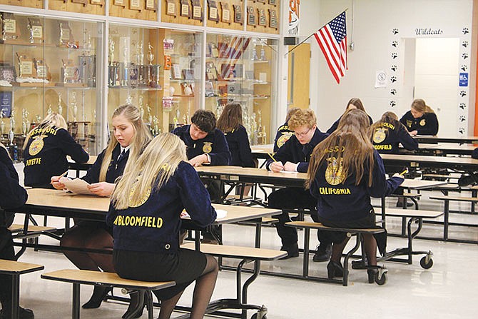 FFA members from nine Missouri schools participate in the written portion of competitions at a leadership development event in New Bloomfield.