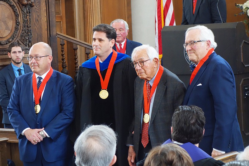 FILE: Each year, the Association of Churchill Fellows inducts new members during a weekend dedicated to Winston Churchill's legacy. Neal F. Perryman, left, Ron Dermer, Mort Harris, William Clark Durant and Sam Fox (not pictured) were recognized for their support of the National Churchill Museum in 2018. The induction ceremony this year was cancelled because of coronavirus concerns.