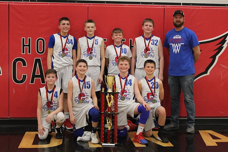 <p>The California Pintos fifth- and sixth-grade boys basketball team won first place in the 47th annual fifth- and sixth-grade Tipton tournament on March 7. The team defeated Tipton 47-26 in the championship game. Kneeling, from left, are Boden Wasser, Corbin Lawson, Haden Oliver and William Cotten. Standing, from left, are Blain Kusgen, Chase Trimble, Derek Jordan, Landen Dunham and coach Richard Cotten.</p>