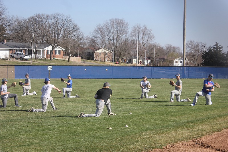 <p>Democrat photo/Kevin Labotka</p><p>Russellville Indians baseball players practice on March 11.</p>