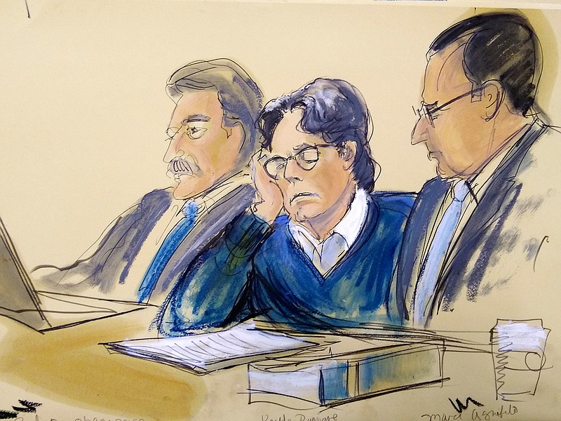  In this June 18, 2019 courtroom artist's sketch, defendant Keith Raniere, center, sits with attorneys Paul DerOhannesian, left, and Marc Agnifilo during closing arguments at Brooklyn federal court in New York.   Raniere and his lawyers filed a motion Monday, March 9, 2020 for a new trial, arguing that two witnesses perjured themselves when they denied they were planning to sue him after the trial. A jury convicted Keith Raniere in June on all counts of sex-trafficking and coercing women into sex.  (Elizabeth Williams via AP, File)