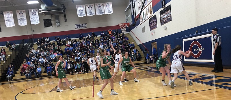 <p>Submitted</p><p>Alayna Butts, 13, drives along the baseline to attack the basket Feb. 20 during the Pintos 39-31 win at home over Blair Oaks.</p>