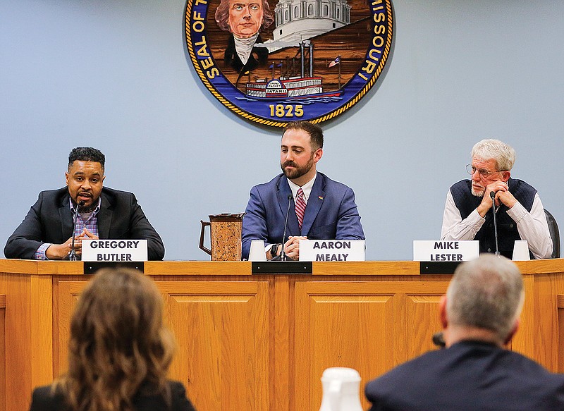 From left, Gregory Butler, Aaron Mealy and Mike Lester participate Wednesday in a Ward 2 City Council candidate forum, hosted by the Jefferson City News Tribune, at the John G. Christy Municipal Building. The candidates answered questions about housing, infrastructure, parks, city budget and more.