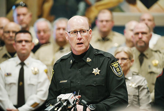 Sheriff David Parrish speaks Wednesday as the Missouri Sheriffs' Association held a press conference in the House Lounge. The group, of which Parrish serves as president, addressed the media about issues affecting all counties in the state.