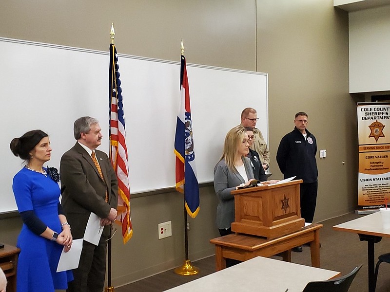 Cole County Health Department Director Kristi Campbell speaks alongside Cole County and Jefferson City officials during a news conference March 16, 2020.