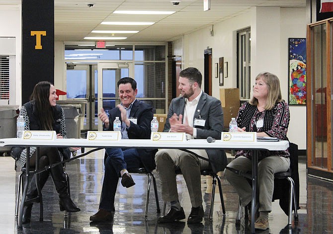 Candidates for the upcoming Fulton school board election Emily Omohundro, Todd Gray, Joe Davis and Connie Epperson answer questions at public forum.