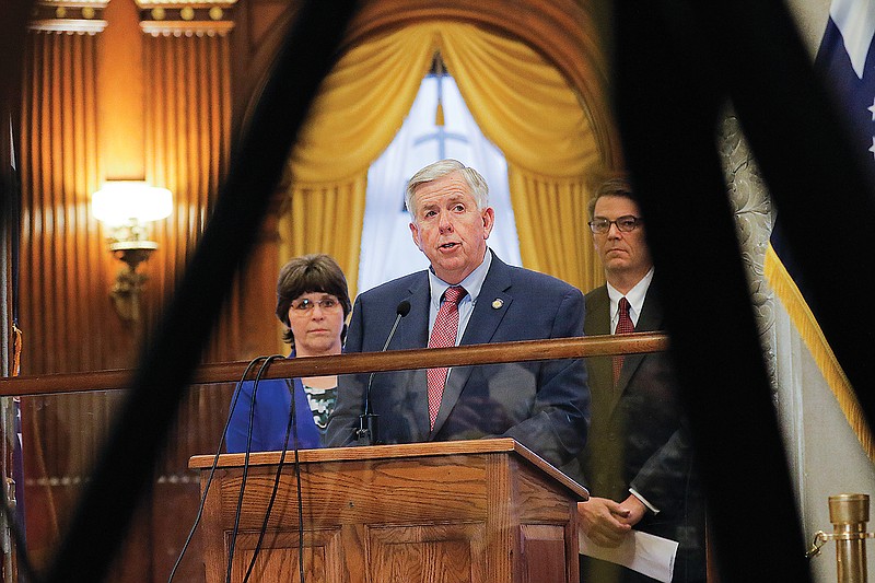 Gov. Mike Parson gives a press briefing Tuesday, March 17, 2020, on the status of coronavirus spread in Missouri. 
