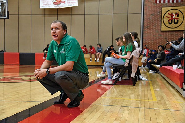 Blair Oaks girls basketball coach Darren Heckman watches his team defend against Hermann during a Capital City Shootout game during the 2018-19 season at Fleming Fieldhouse.