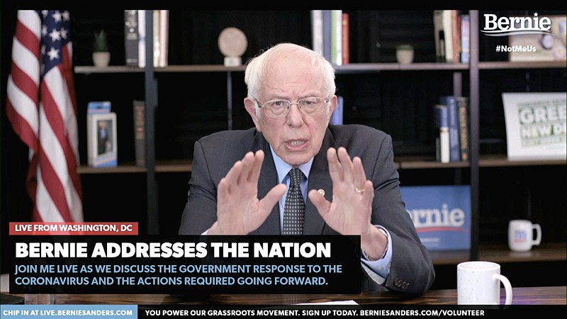 In this image from video provided by BernieSanders.com, Democratic presidential candidate Sen. Bernie Sanders, I-Vt., speaks from Washington, Tuesday, March 17, 2020. (Senate Television via AP)
