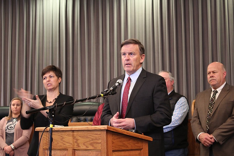 William Woods University spokesperson John Fougere speaks at a news conference Friday, March 20, 2020, informing the public about a presumptive positive COVID-19 case.