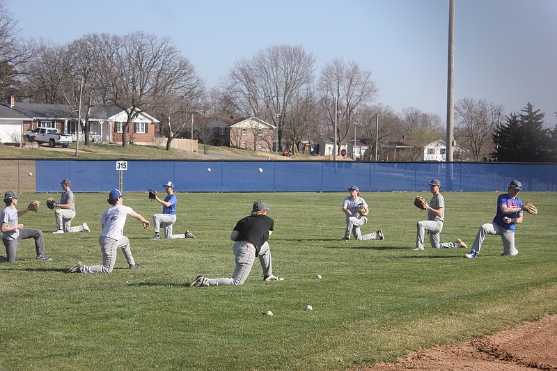 <p>Democrat photo/Kevin Labotka</p><p>Russellville Indians baseball players practice on March 11. Schools around Mid-Missouri — including Russellville, Jamestown and California — made the difficult decision to cancel classes and after school activities last week, including athletics, in light of the coronavirus pandemic.</p>