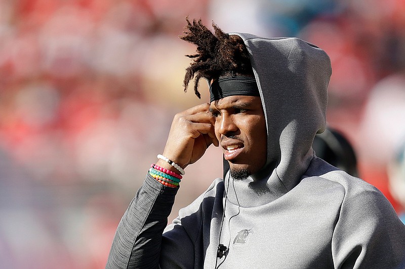 In this Oct. 27, 2019, file photo, Carolina Panthers quarterback Cam Newton stands on the sidelines during the second half of an NFL football game against the against the San Francisco 49ers in Santa Clara, Calif  Jameis Winston, Jadeveon Clowney and Newtown didn't have to wait long at all to find homes in the NFL when they came out of college. The three former No. 1 overall draft picks are finding things moving much more slowly as they search for new homes or contracts this offseason. (AP Photo/Ben Margot, File)