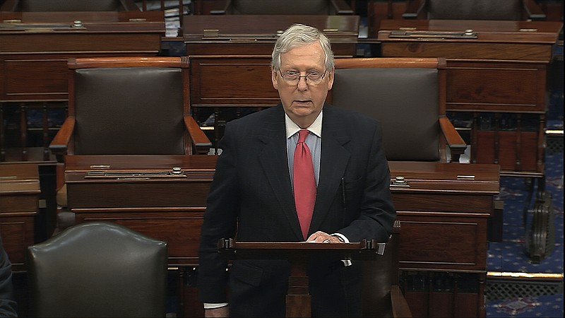 In this image from video, Senate Majority Leader Mitch McConnell, R-Ky., speaks on the Senate floor at the U.S. Capitol in Washington, Wednesday, March 25, 2020. (Senate Television via AP)