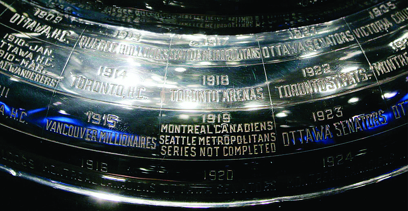 In this Feb. 4, 2005, file photo, the inscription on the Stanley Cup regarding the 1919 series, the only series in the history of the cup not completed, is shown at the Hockey Hall of Fame in Toronto.