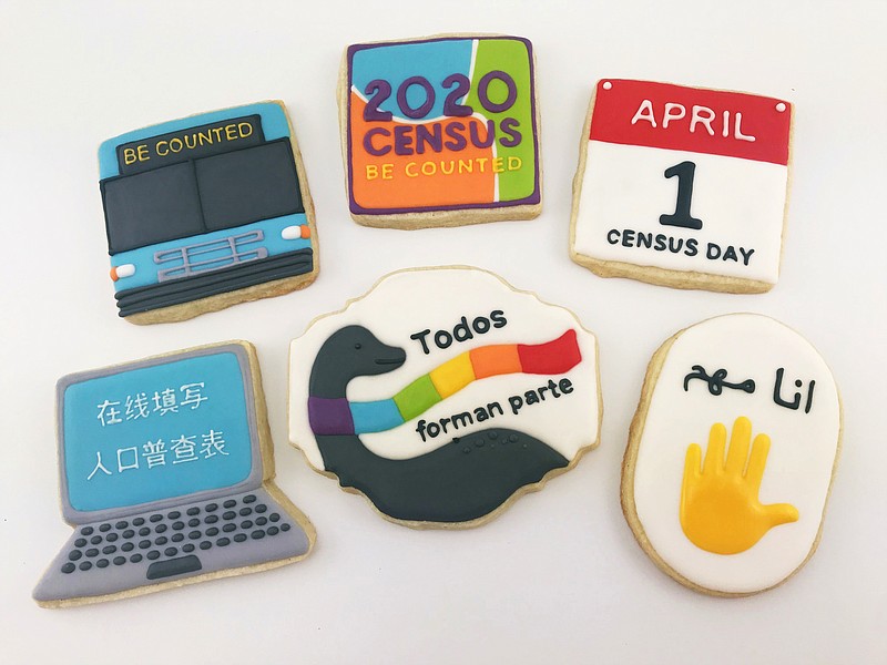 This undated photo provided by Jasmine Cho, who was supposed to lead cookie decorating activities at Census events in Pittsburgh in March and April, shows cookies she decorated with U.S. Census themes. The spread of the novel coronavirus has waylaid 2020 census outreach efforts that were planned in advance to get as many people as possible counted in the once-a-decade head count. (Jasmine Cho via AP)