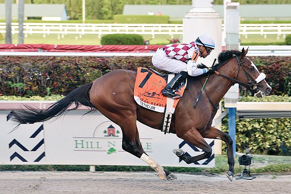 Tiz the Law, ridden by Manuel Franco, wins the Florida Derby on Saturday in Hallandale Beach, Fla.