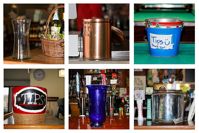 Clockwise, from top left, these are the physical tip jars of: BarVino, High Rise Bakery, Spectators, Paddy Malone's, High Street Pub and The Pizza Company. Faith Prenger, from Spectators, has organized a virtual tip jar that employees from various businesses can sign up for to help support them during a time when many establishments are closed or have limited hours of operation. 