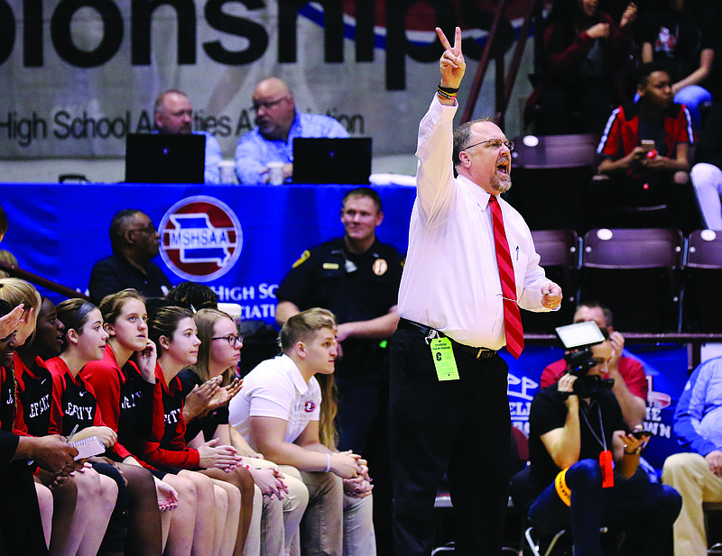 Jefferson City coach Brad Conway calls out a play during last season's Class 5 semifinal game against Parkway Central at Hammons Student Center in Springfield.
