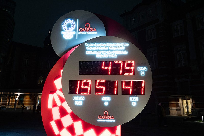 A countdown clock displays the remaining days until the new start date for the Tokyo 2020 Olympics Tuesday, March 31, 2020, in Tokyo. The Tokyo Olympics will open next year in the same time slot scheduled for this year's games. Tokyo organizers said Monday the opening ceremony will take place on July 23, 2021.(AP Photo/Jae C. Hong)