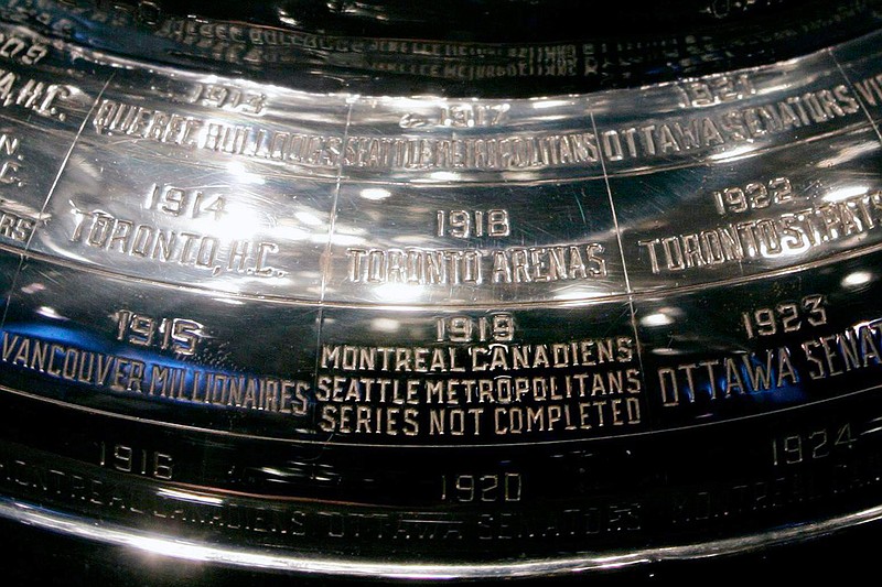 In this Feb. 4, 2005, file photo, the inscription on the Stanley Cup showing the 1919 series, the only series in the history of the cup not completed, is shown at the Hockey Hall of Fame in Toronto. The Seattle Metropolitans were on the verge of winning their second Stanley Cup in three years back in 1919. They never got to celebrate. Neither did the Montreal Canadiens, their opponent in the series. (Adrian Wyld/The Canadian Press via AP